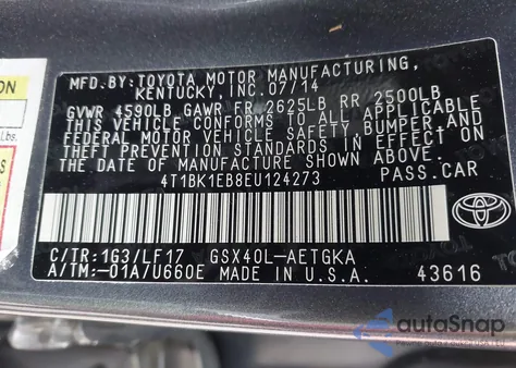 2014 Toyota Avalon Xle Premium from USA, damaged, VIN 4T1BK1EB8EU124273